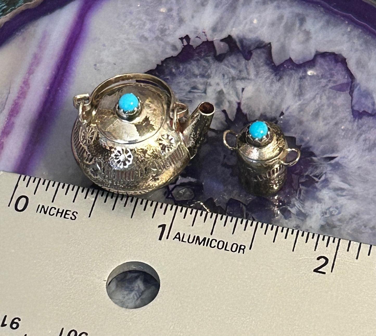 Vintage Sterling Silver Native American Collectable Tiny Teapot Set w/ Turquoise