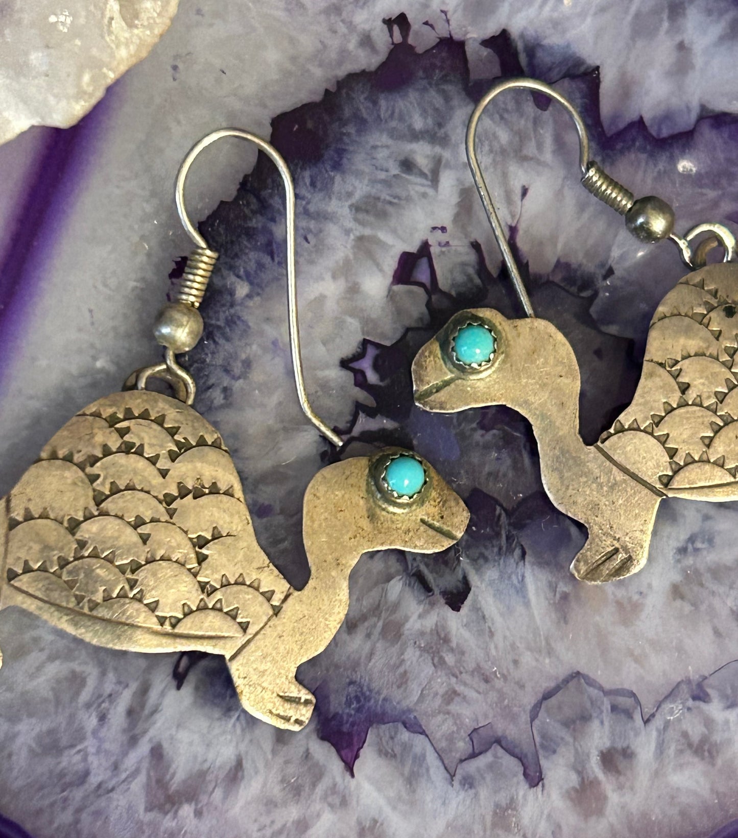 Vintage Sterling Silver Turtle Dangle Earrings With Turquoise Eyes