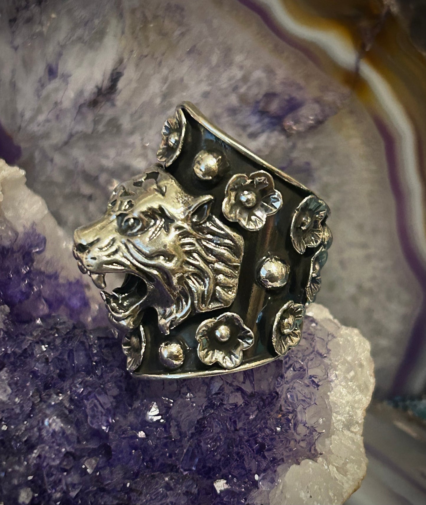 950 Silver Taxco Mexico Large Tiger And Flowers Wide Ring Sz 7-8.5