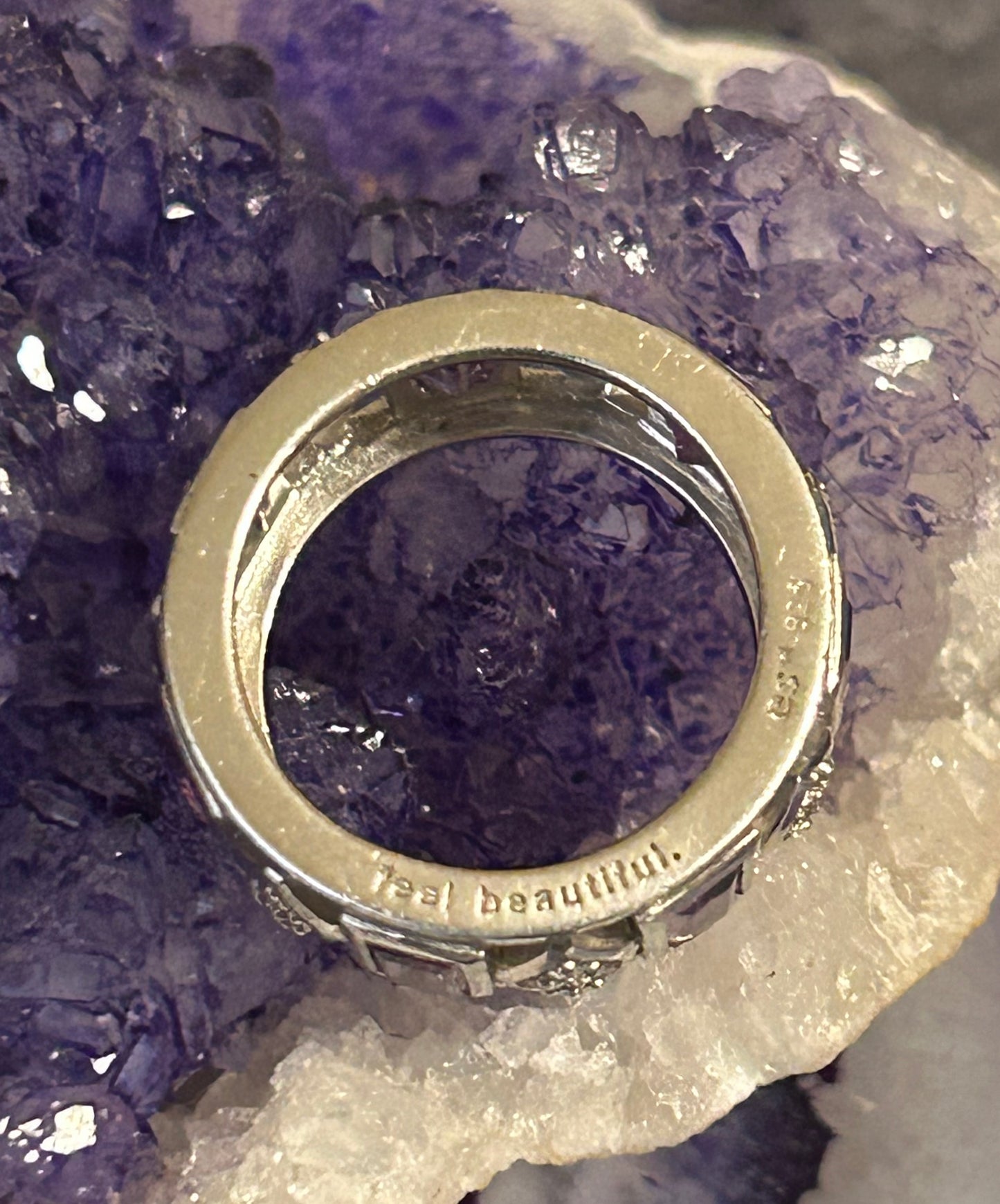 Sterling Silver “Feel Beautiful” Amethyst Cz & Clear Cz Eternity Band Ring Sz 6