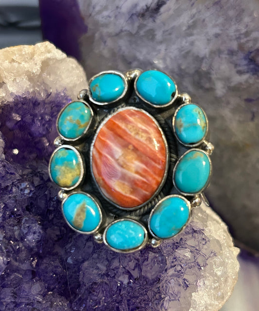 Sterling Silver Taxco Mexico Turquoise & Spiny Oyster W/ Flowers Statement Ring (6.25-8)