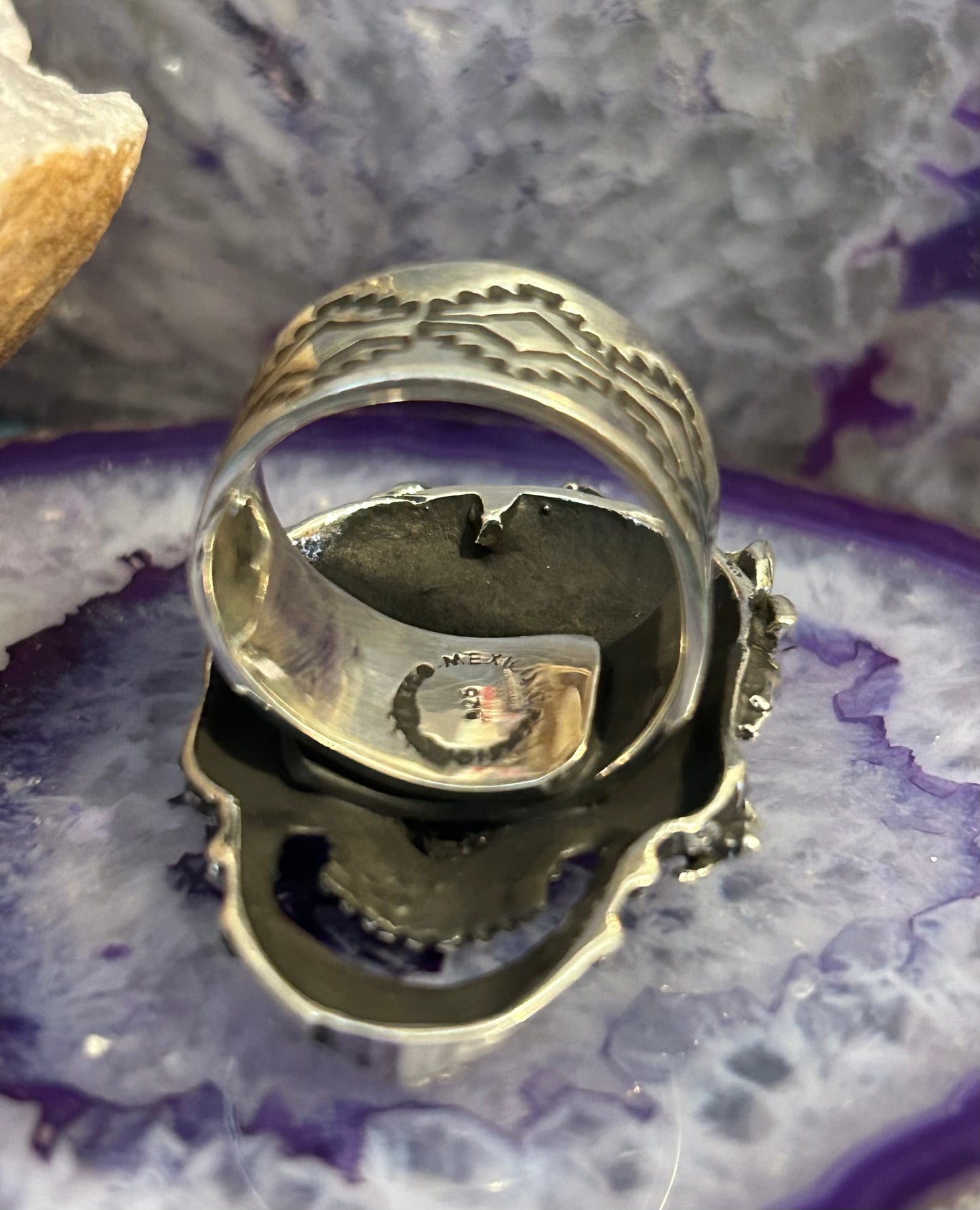Sterling Silver Modern Taxco Mexico Dia De Los Muertos Skull W/ Butterflies Ring