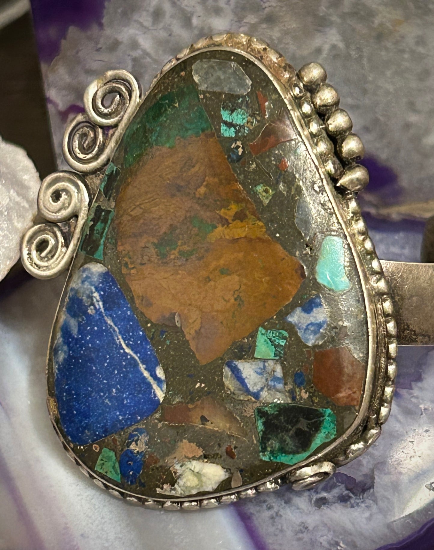 Vintage Sterling Silver Large Turquoise Lapis Etc Composite Stone Cuff Bracelet