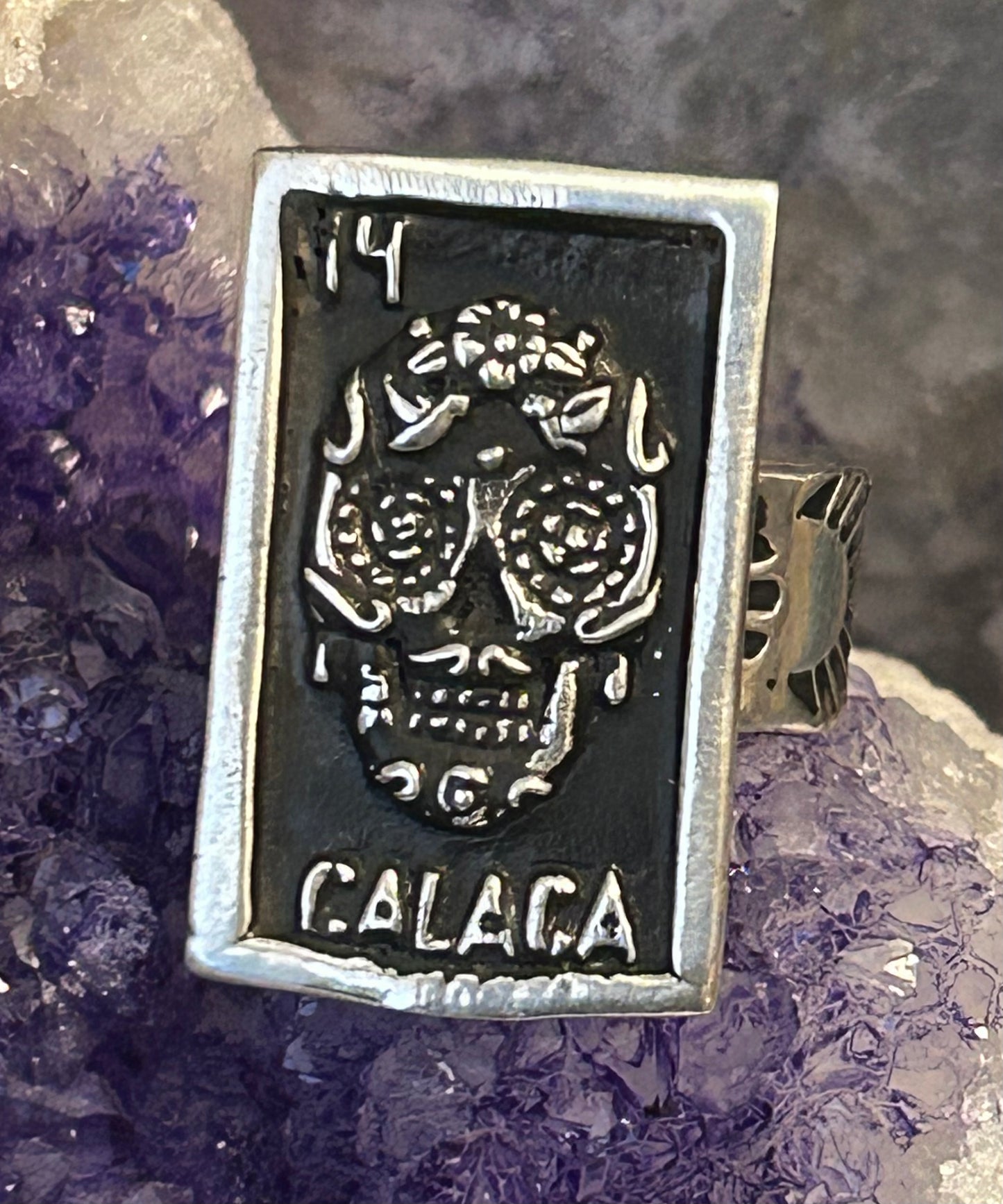 Sterling Silver Taxco Mexico “CALACA” Skeleton Day Of The Dead Tarot Card Ring