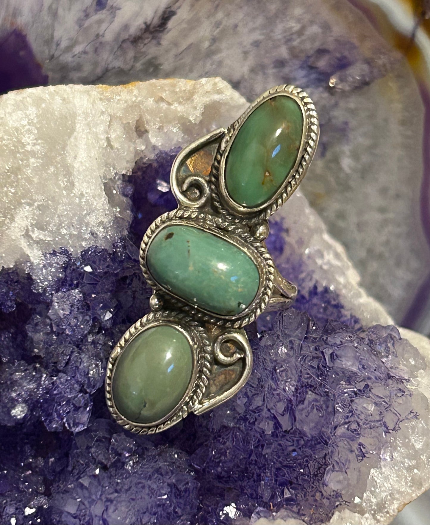 Sterling Silver Triple Stone Roysten Turquoise Ring Size 7