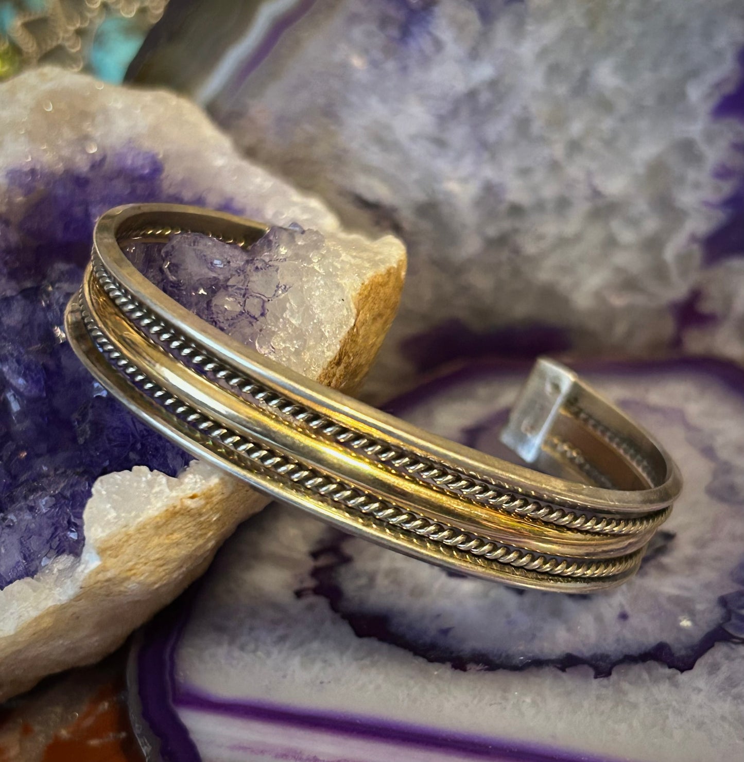 Sterling Silver & Gold Fill Multi Layer Rope Band Style Cuff Bracelet