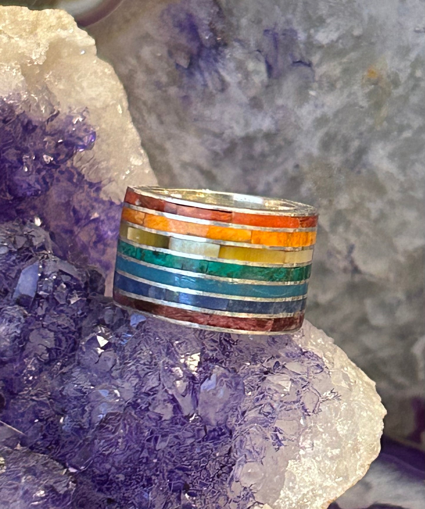 Sterling Silver Rainbow Color Stone Inlay Thick Wide Band Ring Size 4