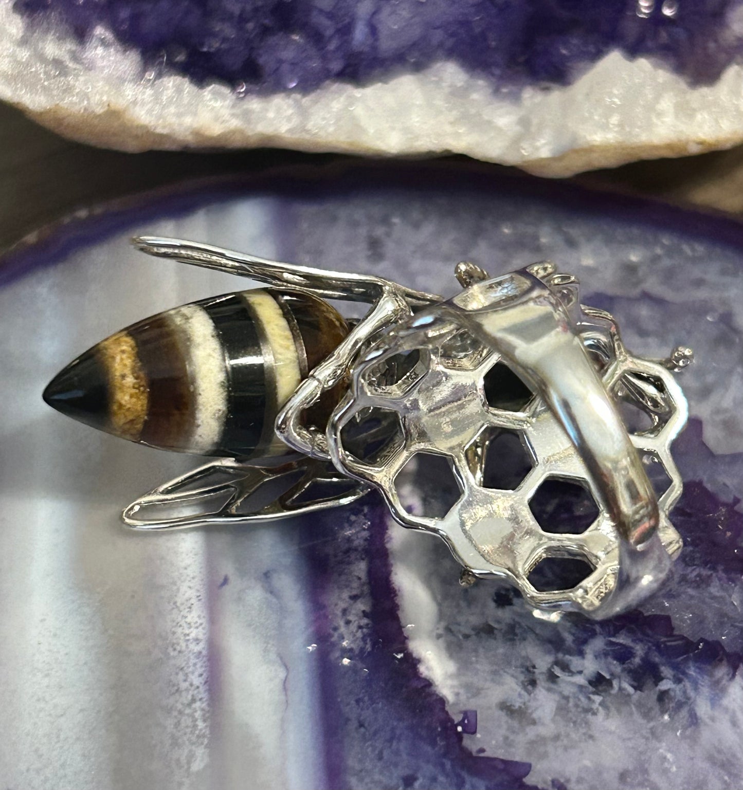 Sterling Silver & Genuine Amber Large Bee Adjustable Ring