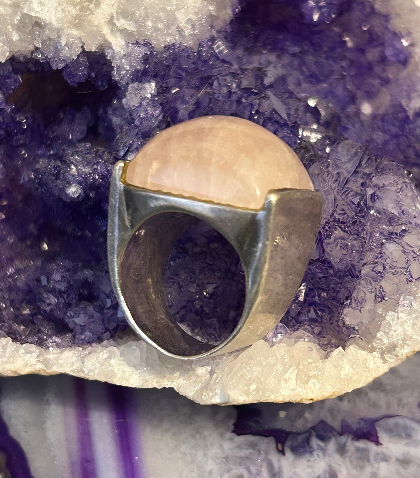 Vintage Sterling Silver Chunky Rose Quartz Modernist Ring Size 5