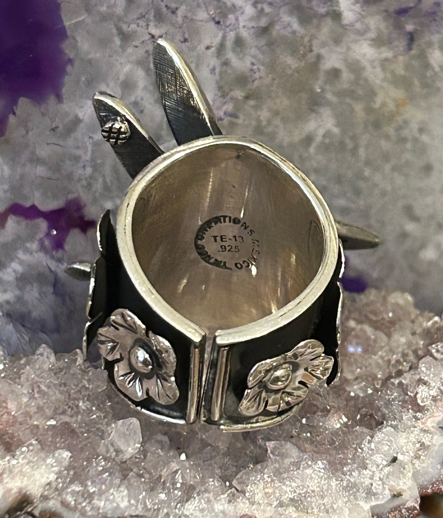 Sterling Silver Taxco Mexico Dragonfly And Flower Statement Ring