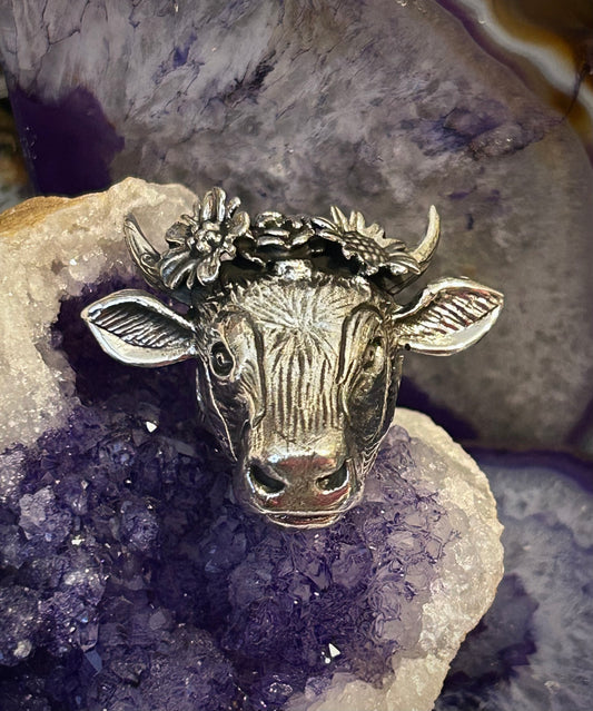 Sterling Silver Taxco Mexico Cow with Flower Crown Adjustable Statement Ring