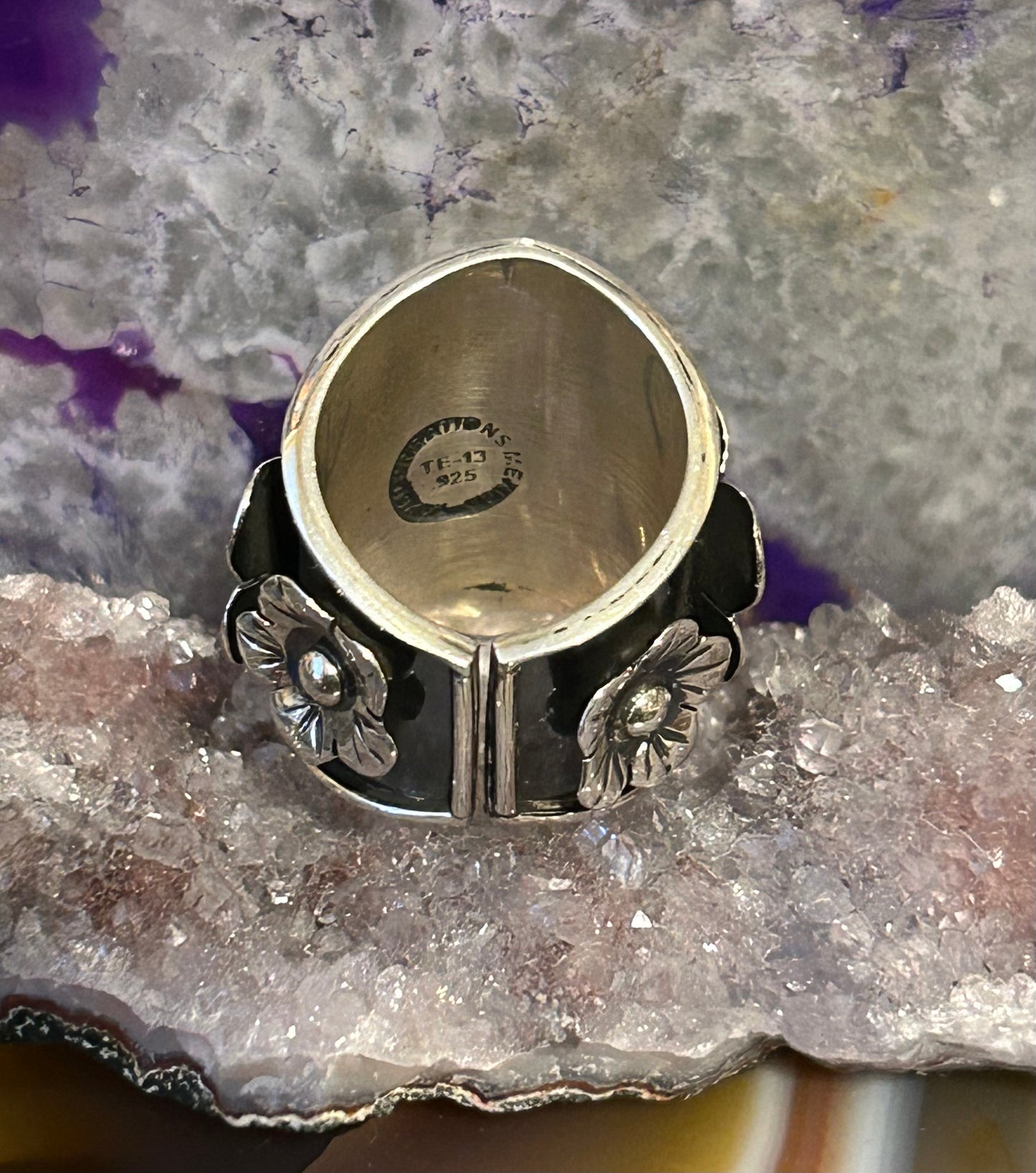 Sterling Silver Taxco Mexico Thick Floral Wide Band Ring