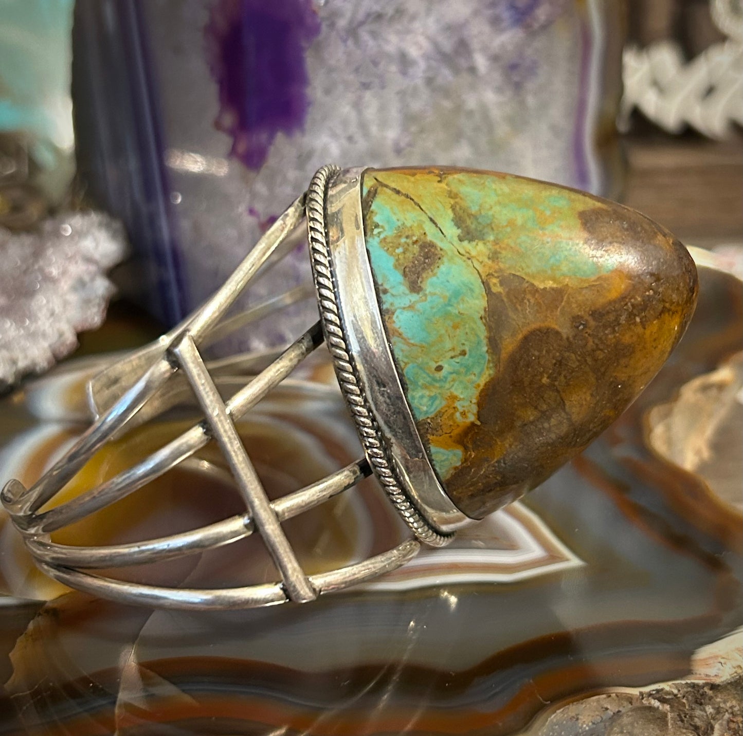Sterling Silver 3D Horn Abstract Shape Natural Turquoise Cuff Bracelet