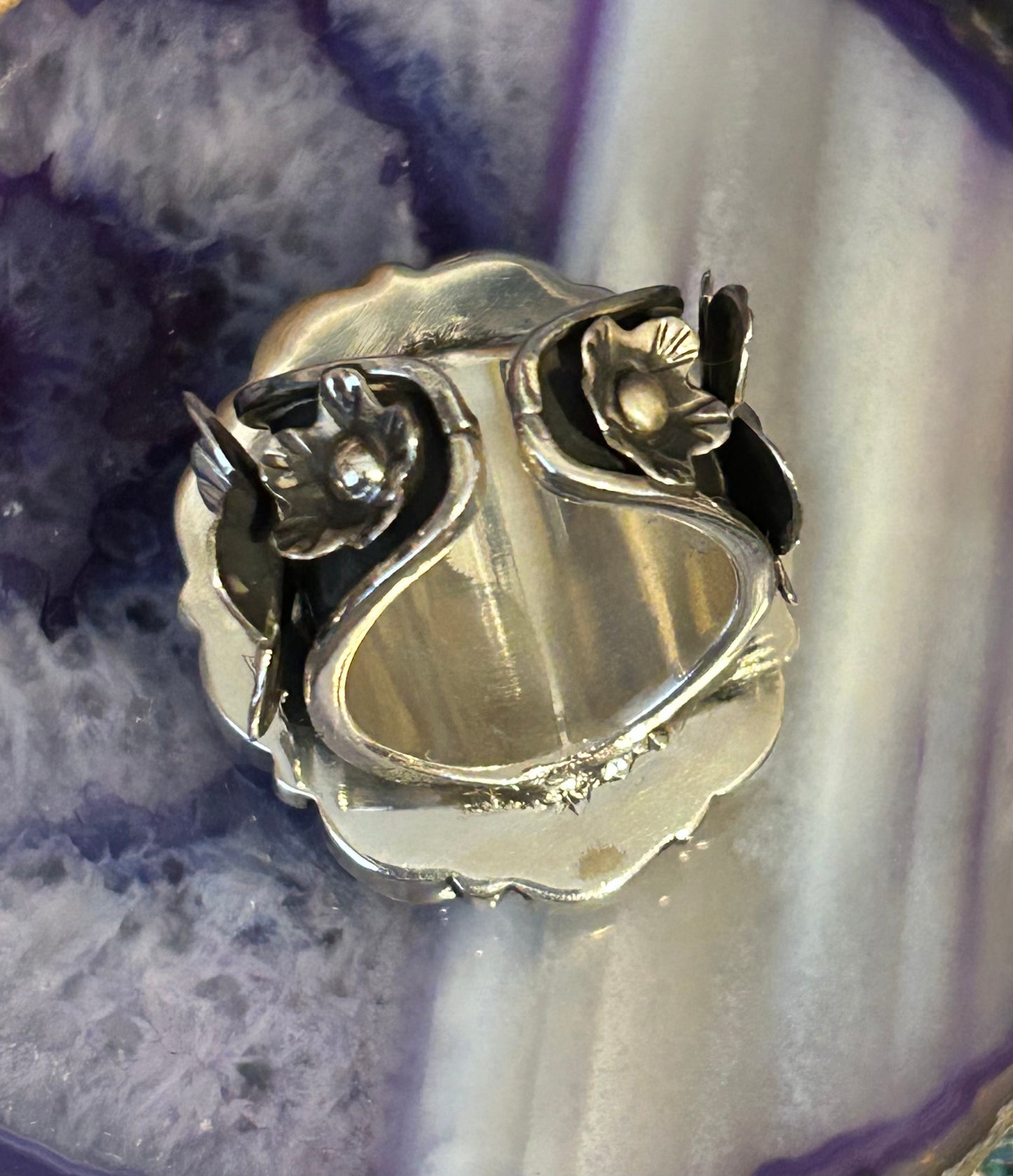 Sterling Silver Taxco Mexico Turquoise & Spiny Oyster W/ Flowers Statement Ring (6.25-8)