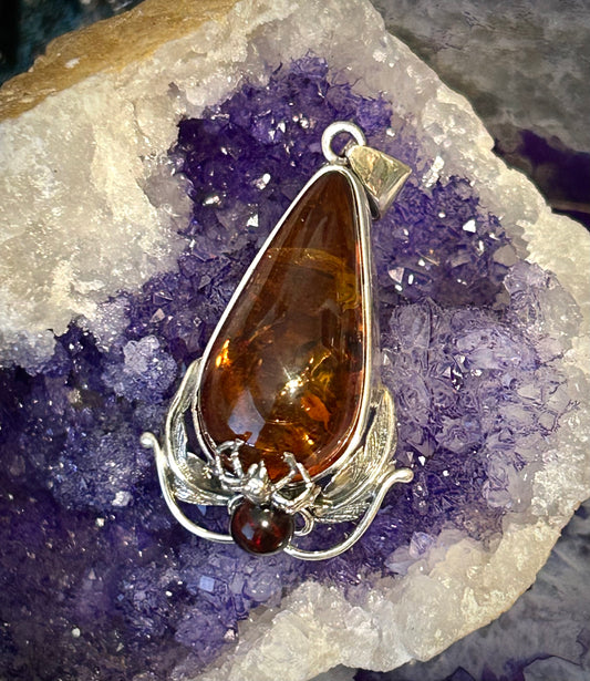 Sterling Silver And Natural Baltic Amber Pendant W/ Spider