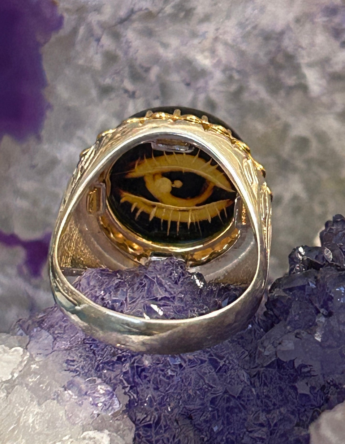 Sterling Silver And Natural Carved Amber Seeing Eye Ring • Size 10