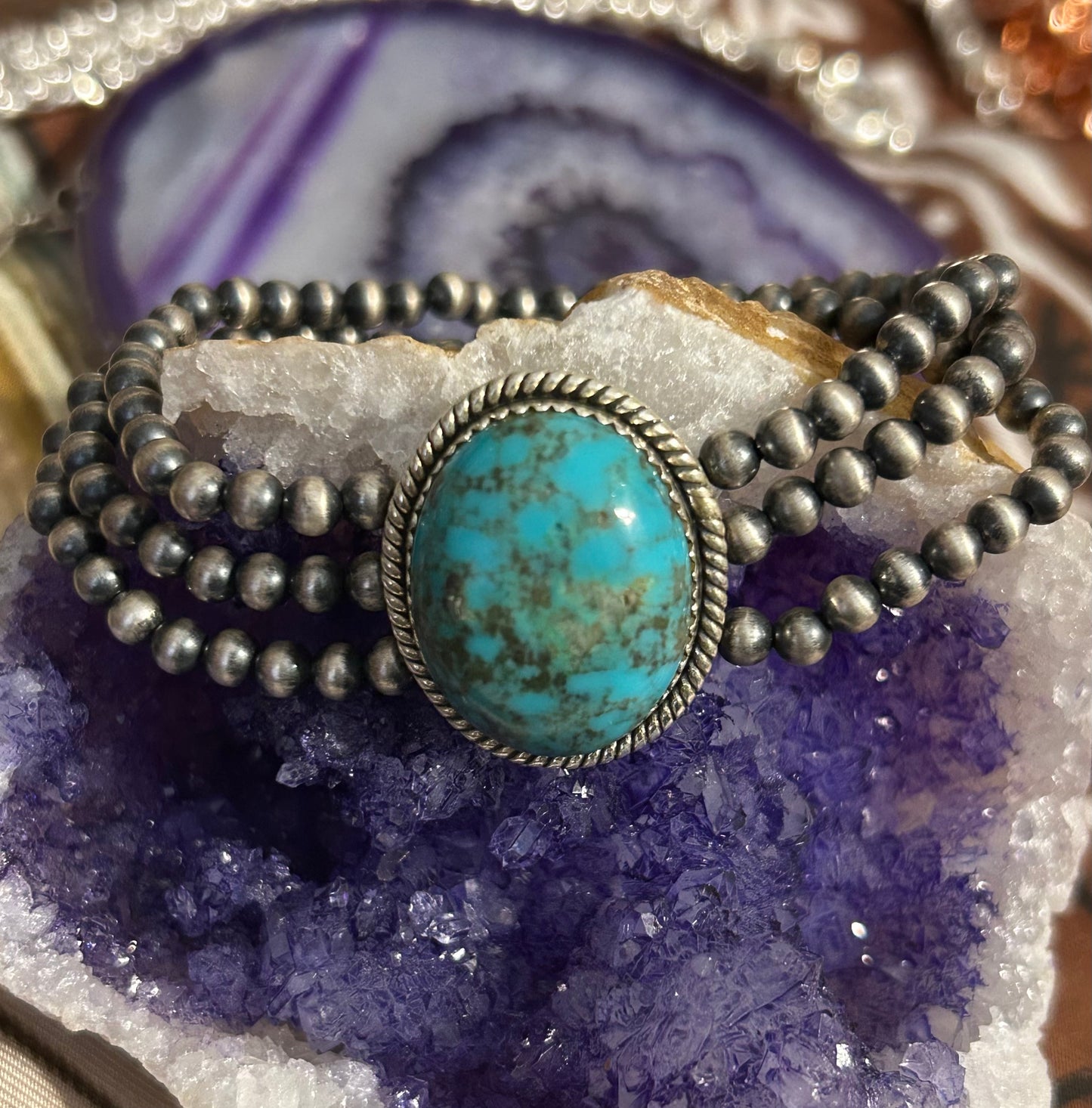 Sterling Silver Southwest Desert Bead Turquoise Stretch Bracelet