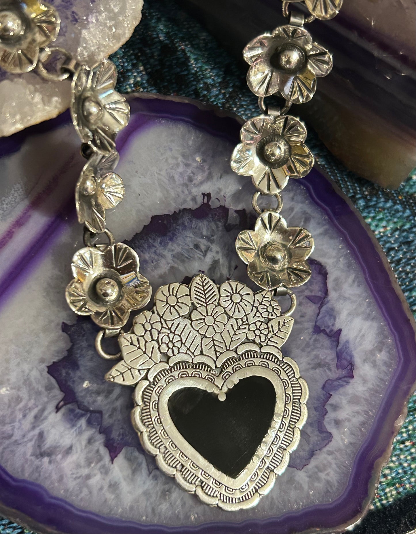 Sterling Silver 925 Made In Taxco Flower & Heart Link Necklace