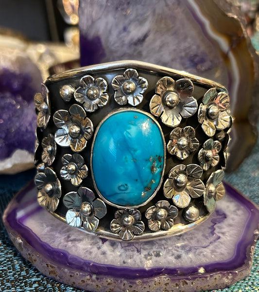 Sterling Silver Taxco Mexico Large Statement Flower Cuff W/ Natural Turquoise