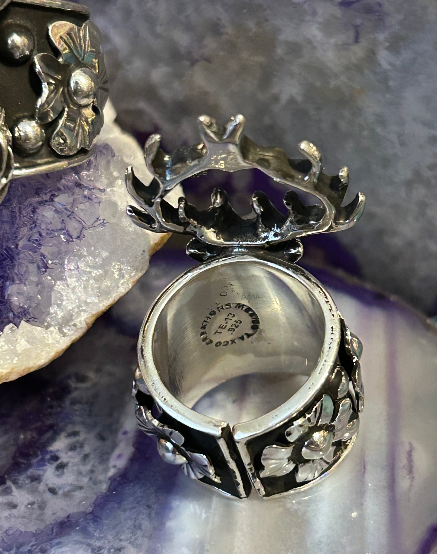 Sterling Silver Taxco Mexico Stag Deer & Flowers Statement Ring