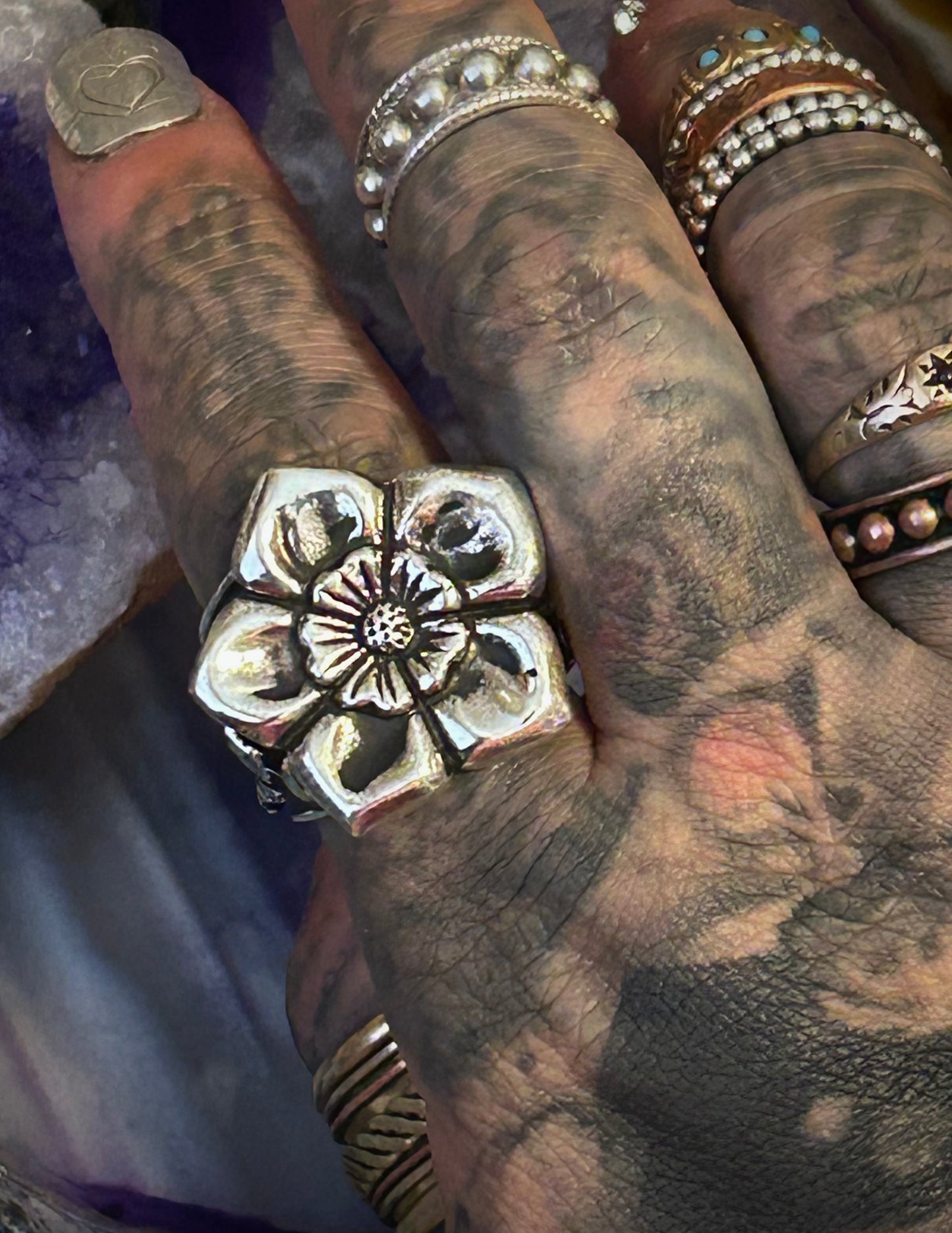 Sterling Silver Taxco Mexico Large Flower And Leaf Ring Size 7.25-9