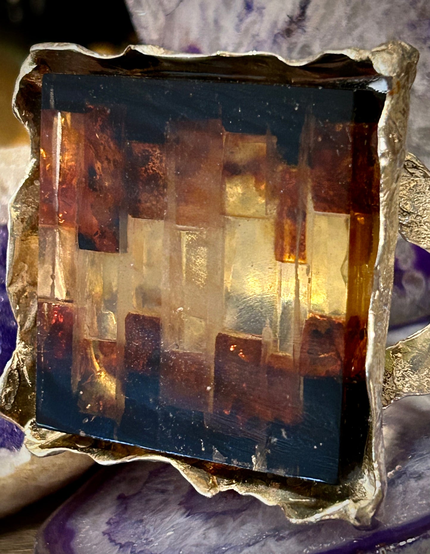 Sterling Silver & Mosaic Amber Huge Statement Cuff Bracelet