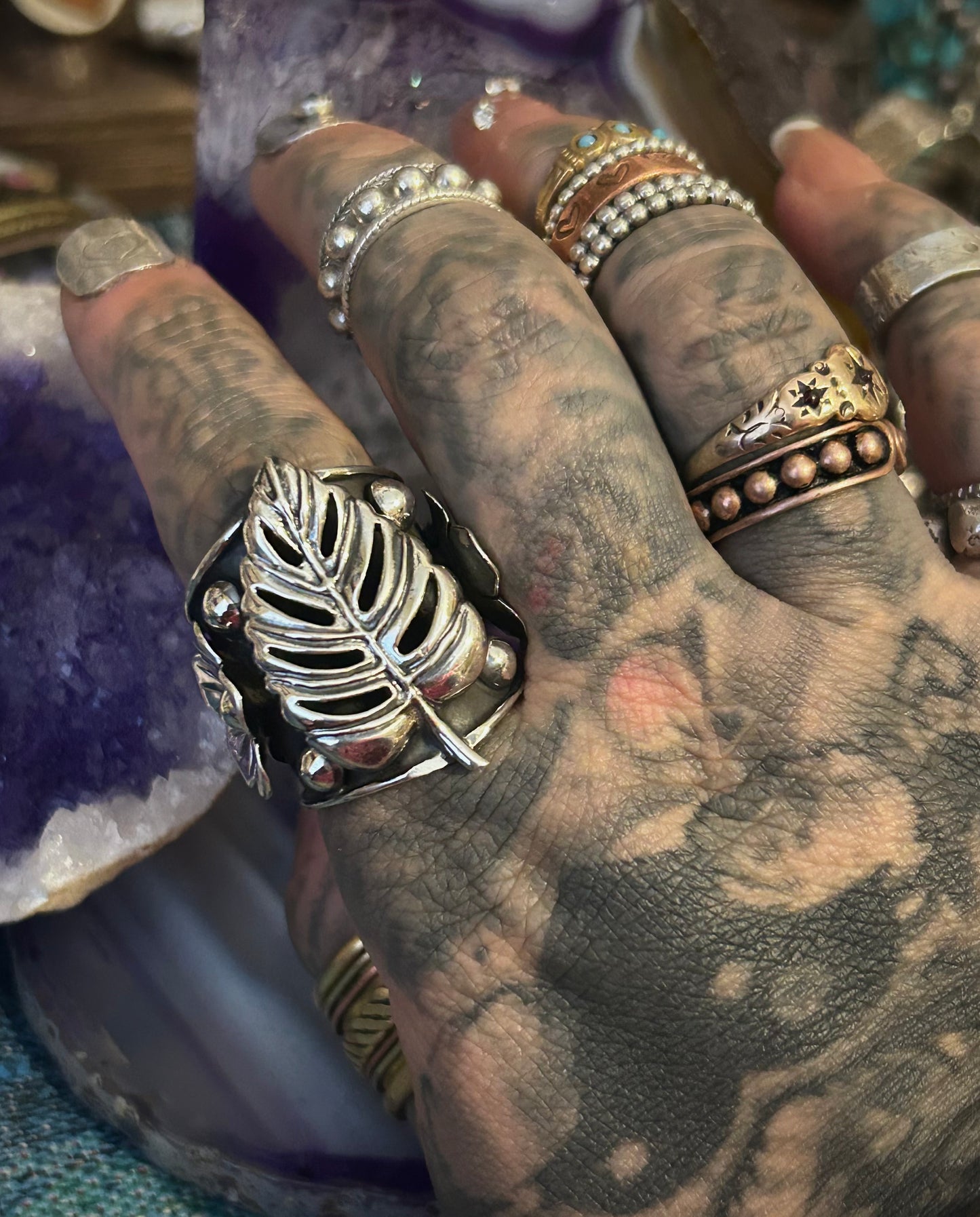 Taxco Mexico 950 Silver Monstera Leaf & Flowers Statement Ring Size 7-9