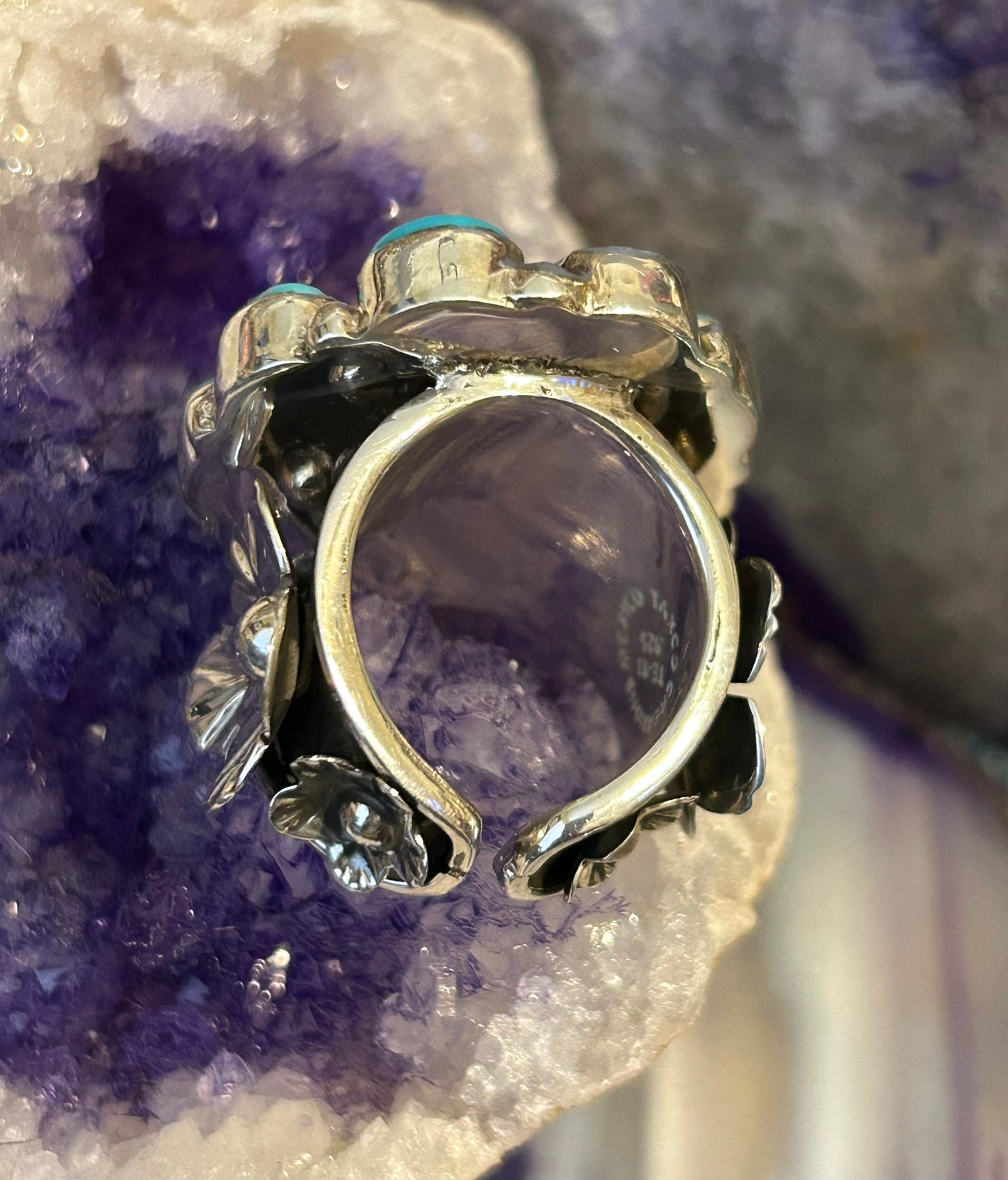 Sterling Silver Taxco Mexico Turquoise & Spiny Oyster W/ Flowers Statement Ring (6.25-8)