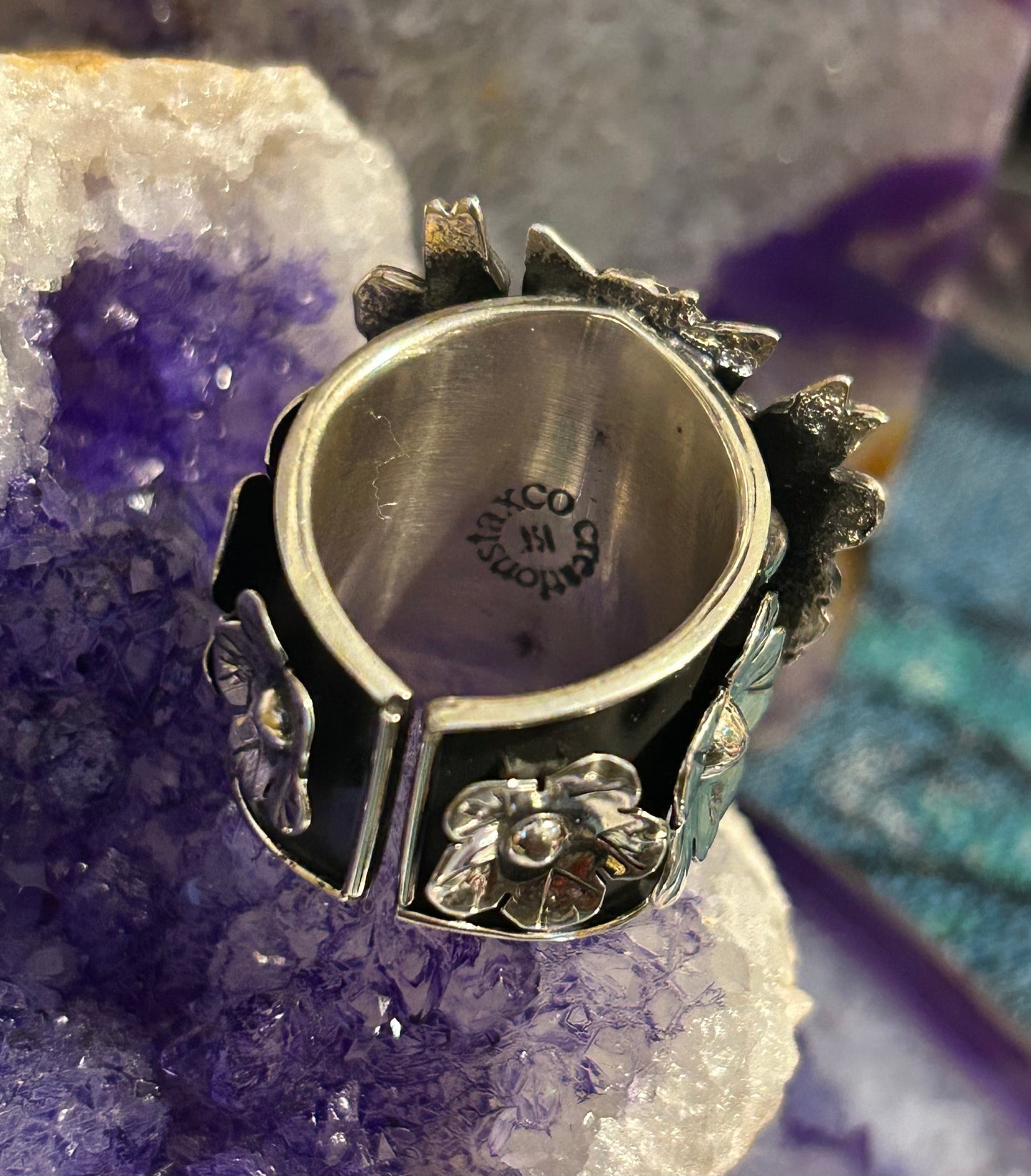 950 Silver Taxco Mexico Seeing Eye Heart W/ Rose And Birds Size 8-10