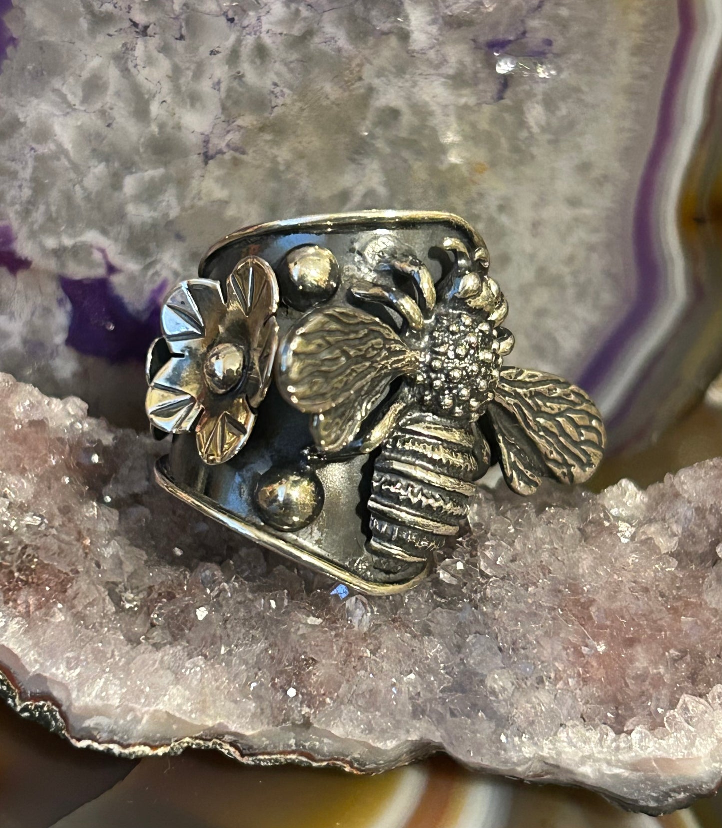Sterling Silver Taxco Mexico Statement Bee & Floral Ring Size 8-10