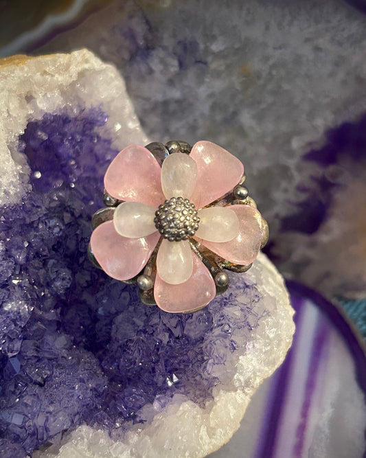 Vintage Whitney Kelly Sterling Silver Rose & Rock Quartz Flower Ring • Size 9