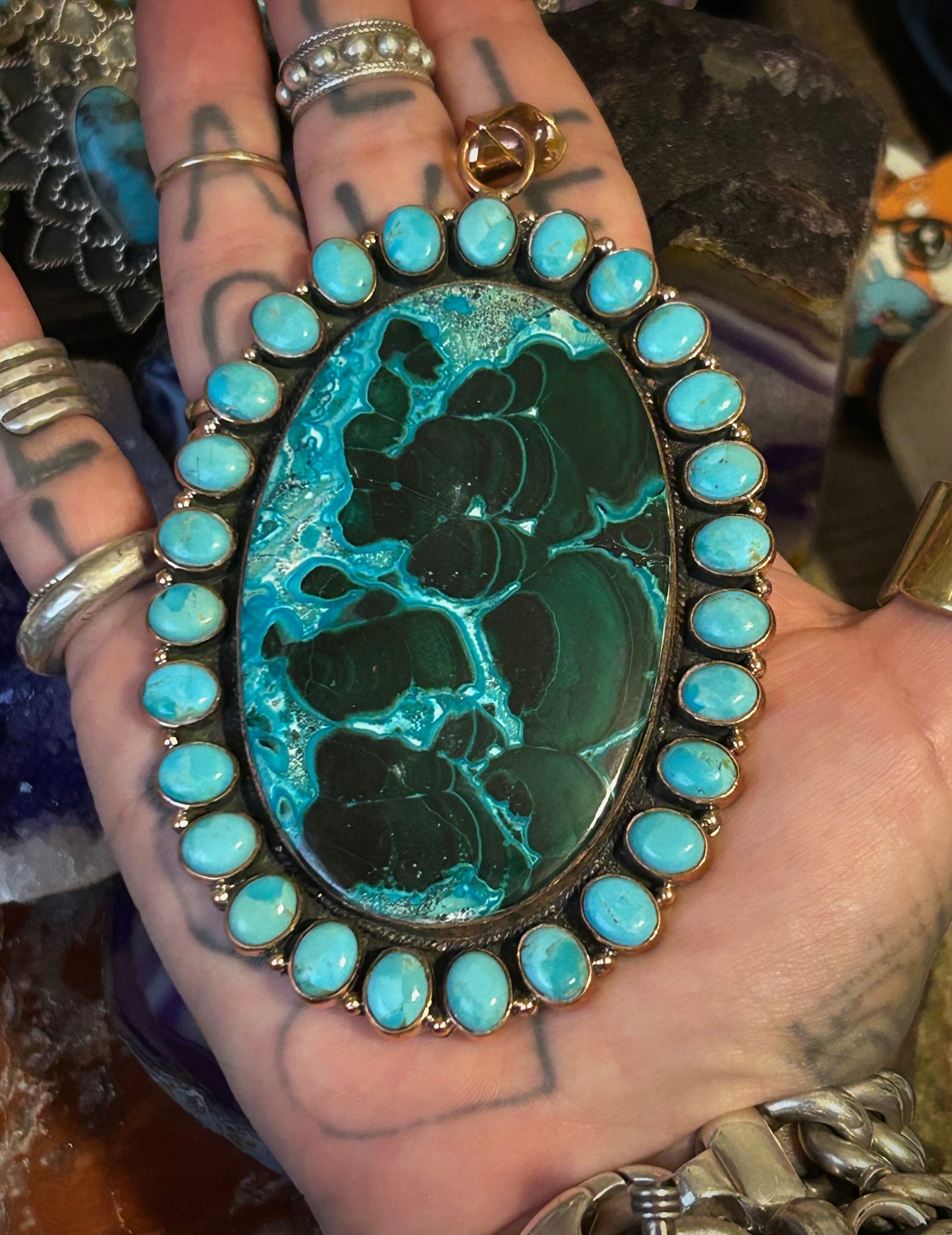 Pure Copper Malachite Chrysocolla Azurite & Turquoise Statement Pendant