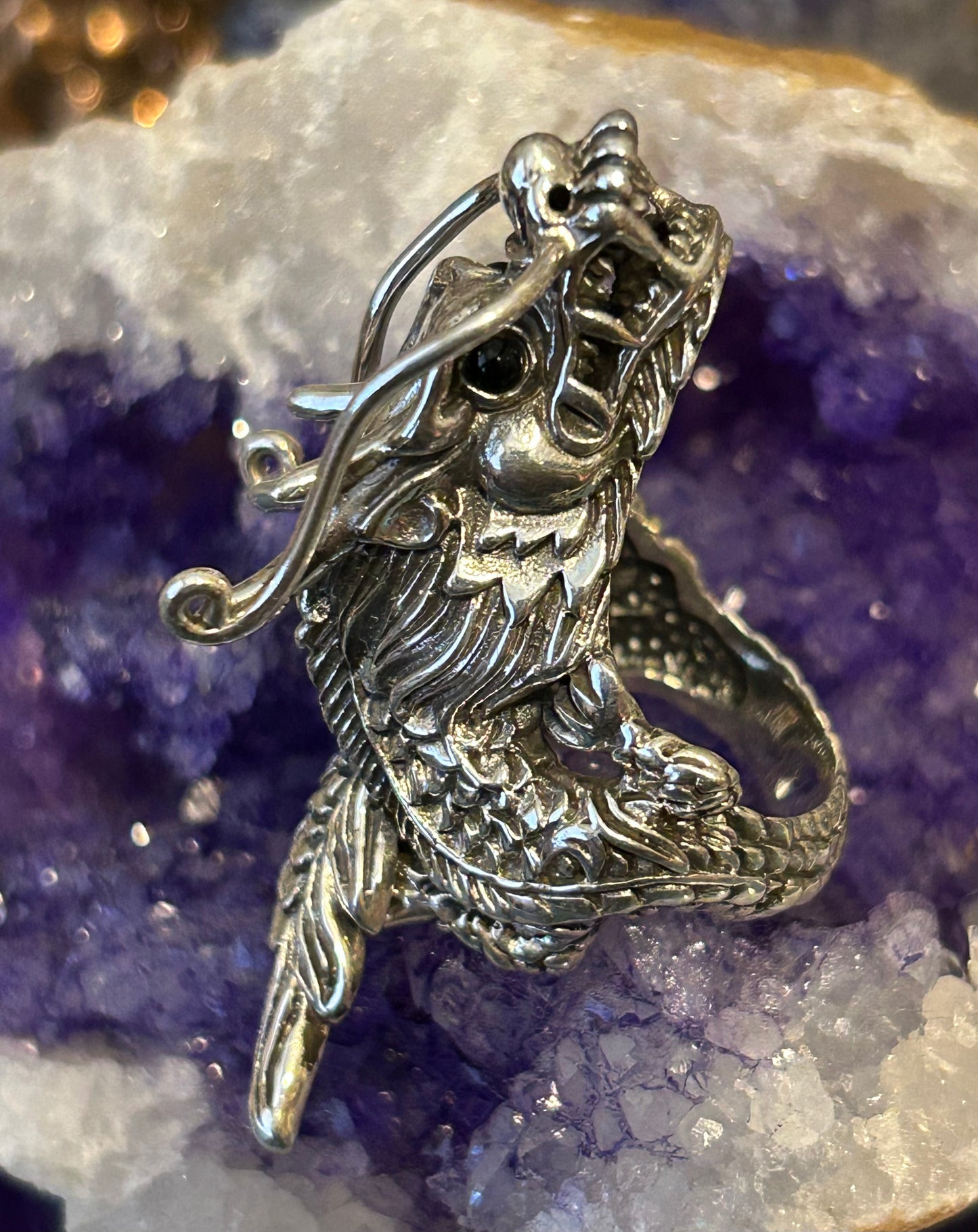 Sterling Silver Designer SOMS Statement Dragon Bypass Wrap Ring w/ Onyx Eyes