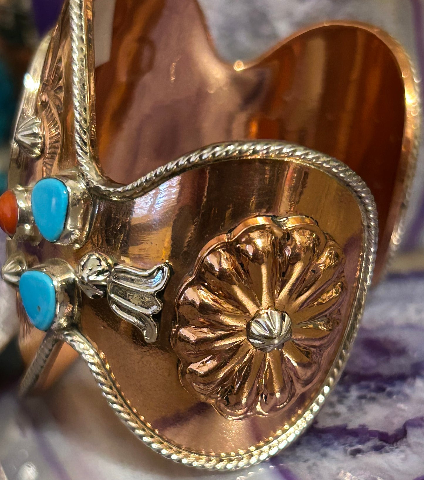 Running Bear Native American Copper & Sterling Silver Gecko/Lizard Cuff Bracelet