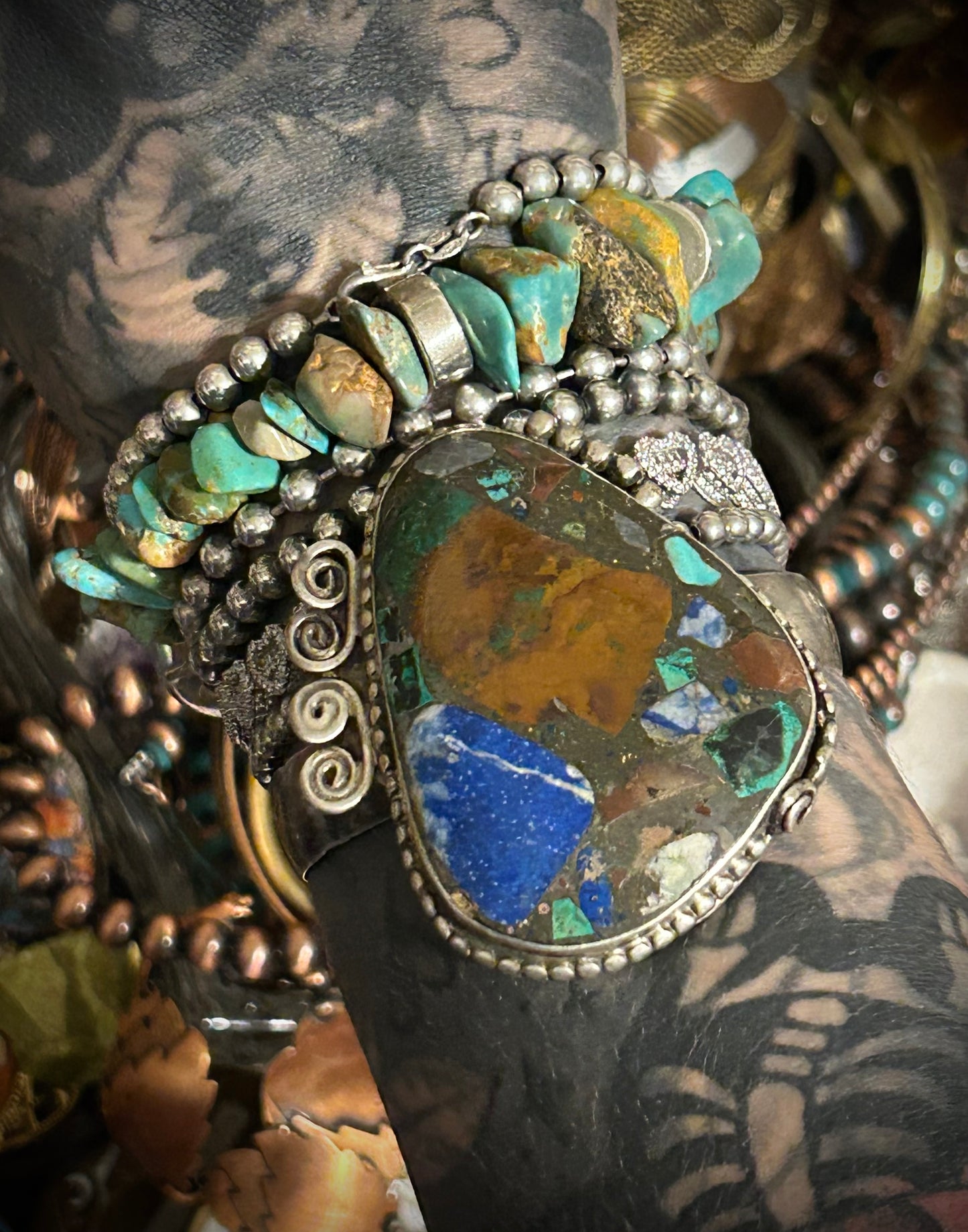 Vintage Sterling Silver Large Turquoise Lapis Etc Composite Stone Cuff Bracelet