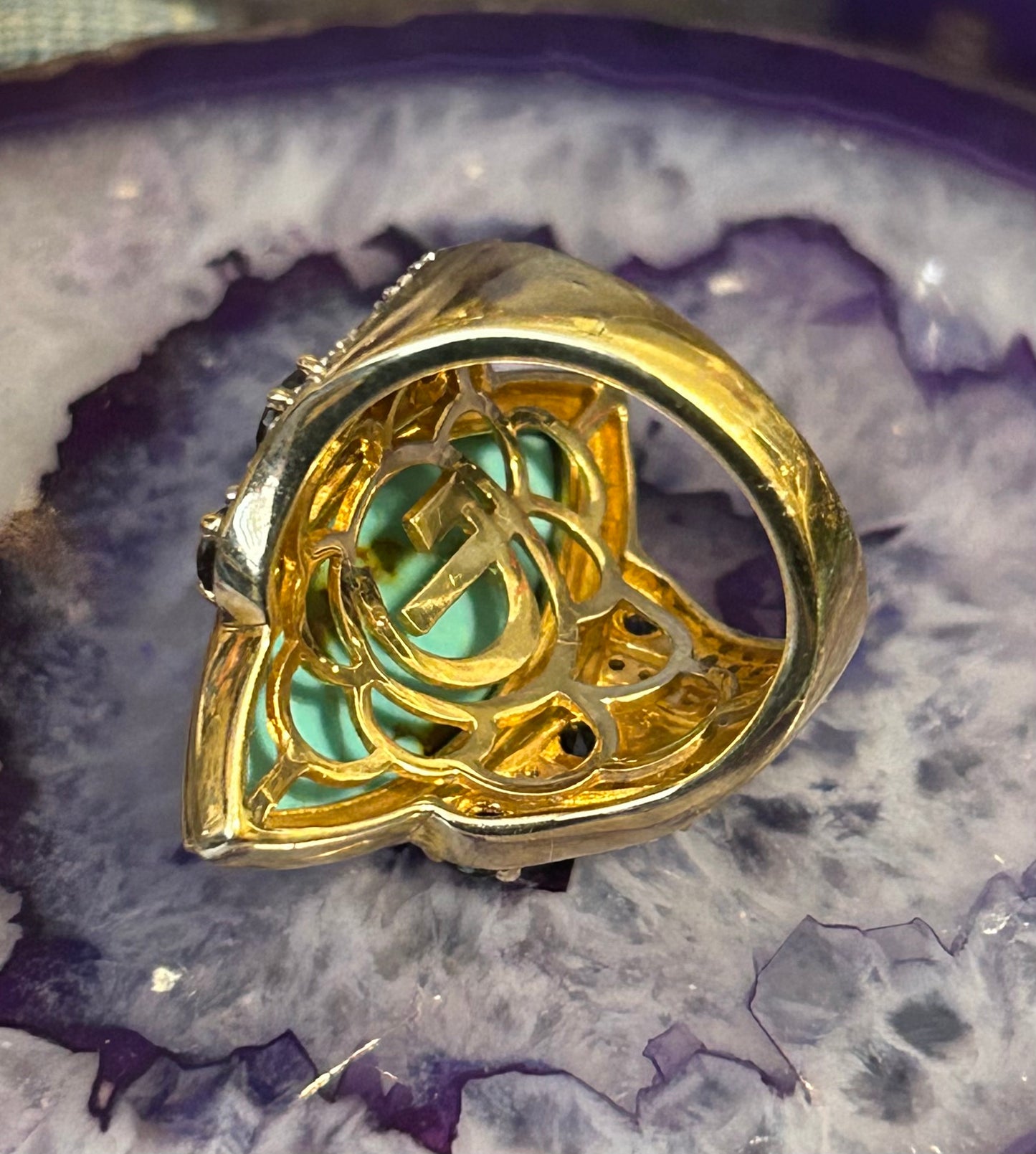 Sterling Silver w/ Gold Over Turquoise And Iolite Gemstone Ring Size 7