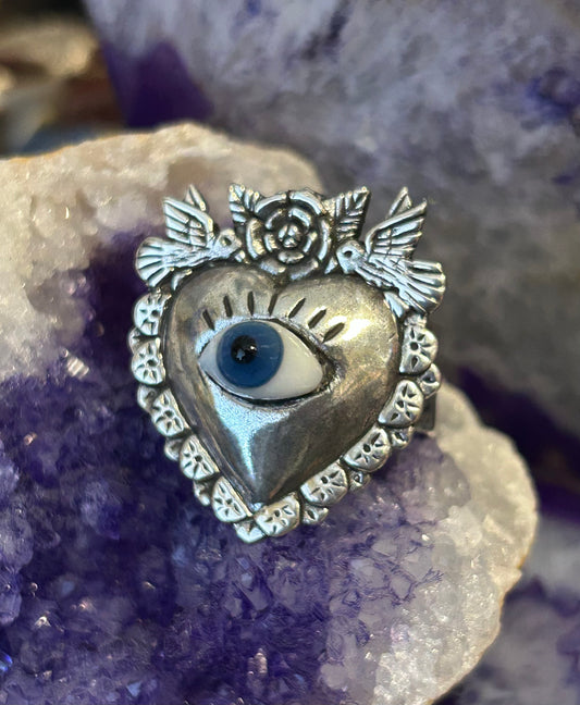 Sterling Silver Taxco Mexico Seeing Eye Heart W/ Rose And Birds Adjustable
