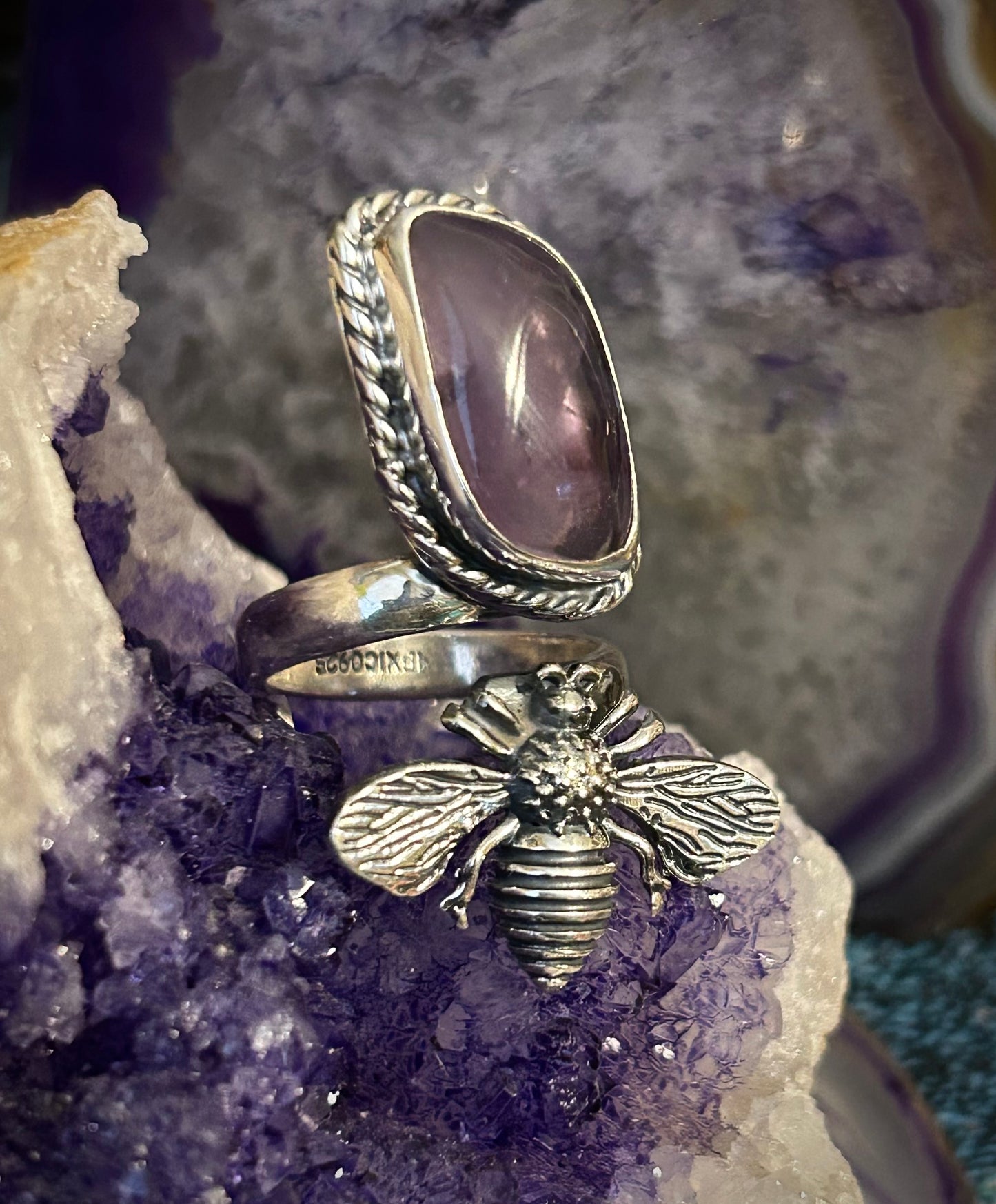 Sterling Silver Taxco Mexico Bee & Amethyst Bypass Ring