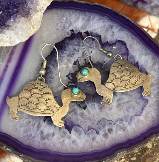 Vintage Sterling Silver Turtle Dangle Earrings With Turquoise Eyes