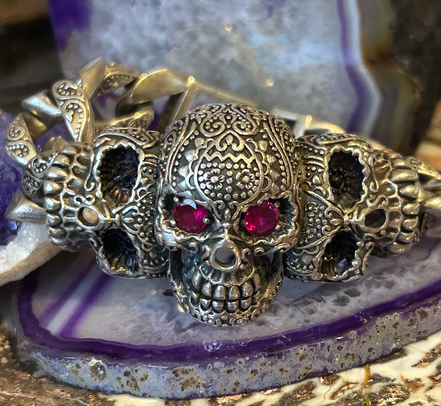 Vintage Sterling Silver Heavy Skull Cuban Link w/ Ruby Eyes Bracelet