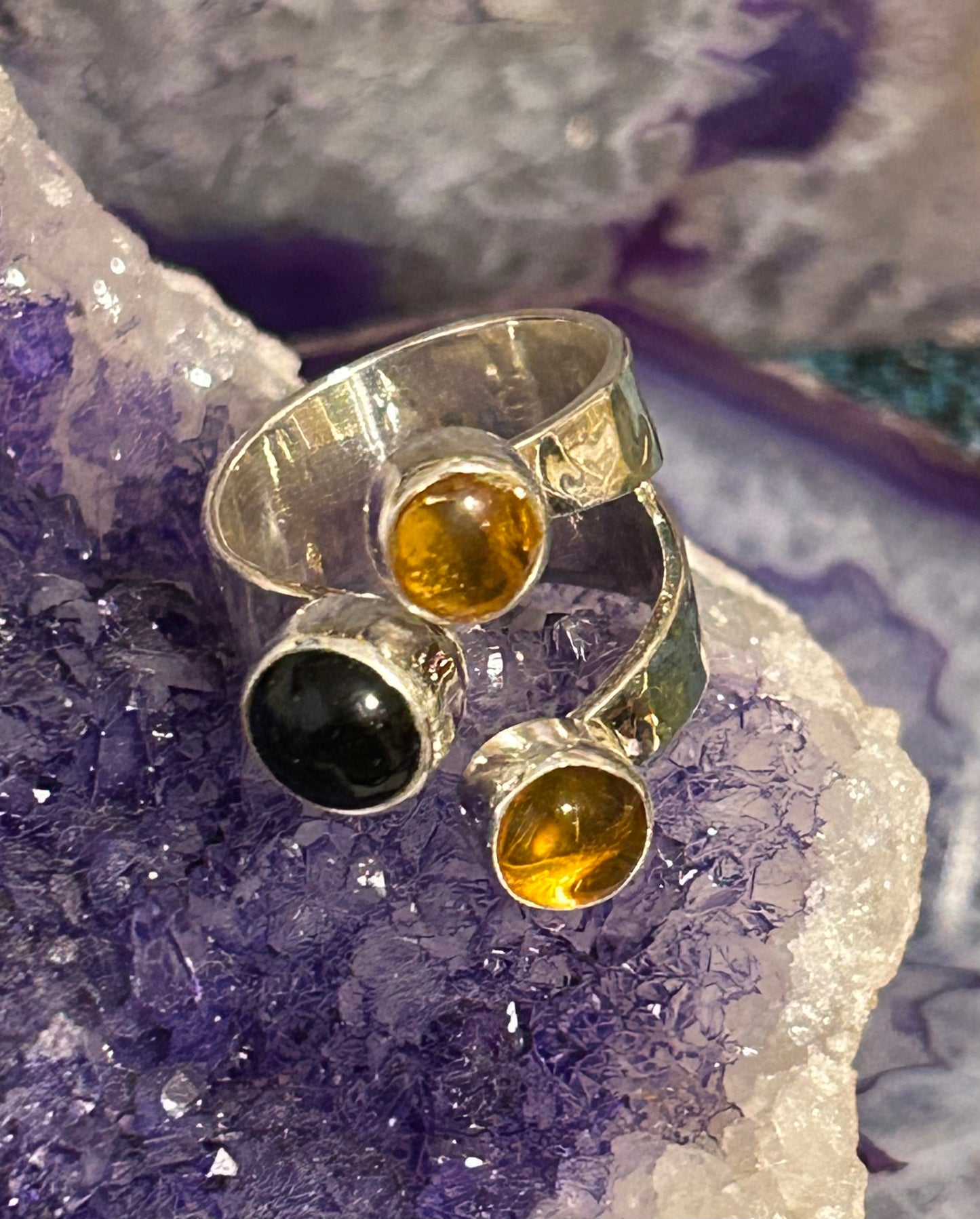 Sterling Silver Made In Taxco Mexico Bypass Ring With Onyx And Amber Size 7-8