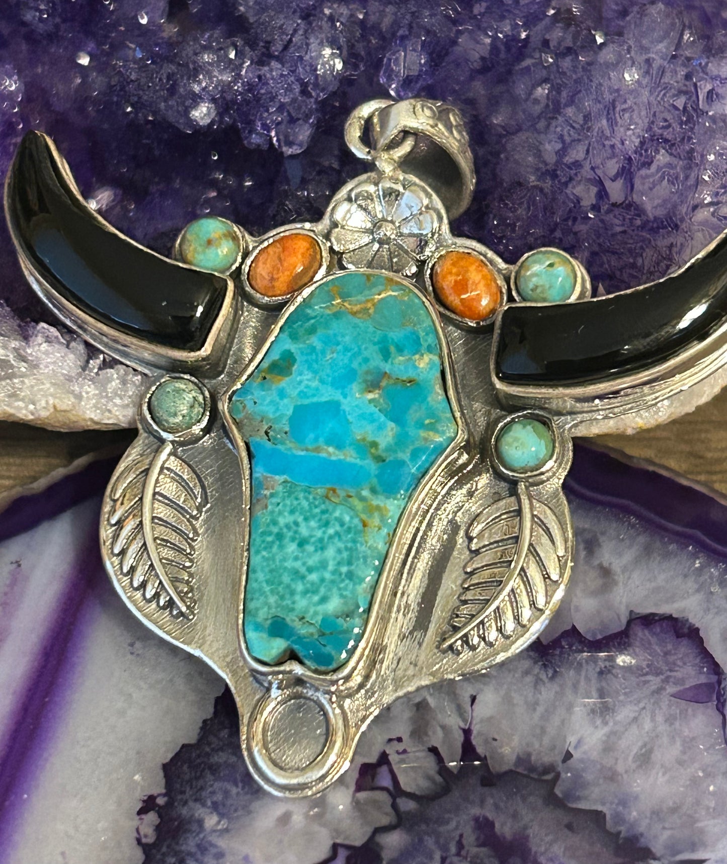 Sterling Silver Turquoise Multistone Longhorn Bull Pendant