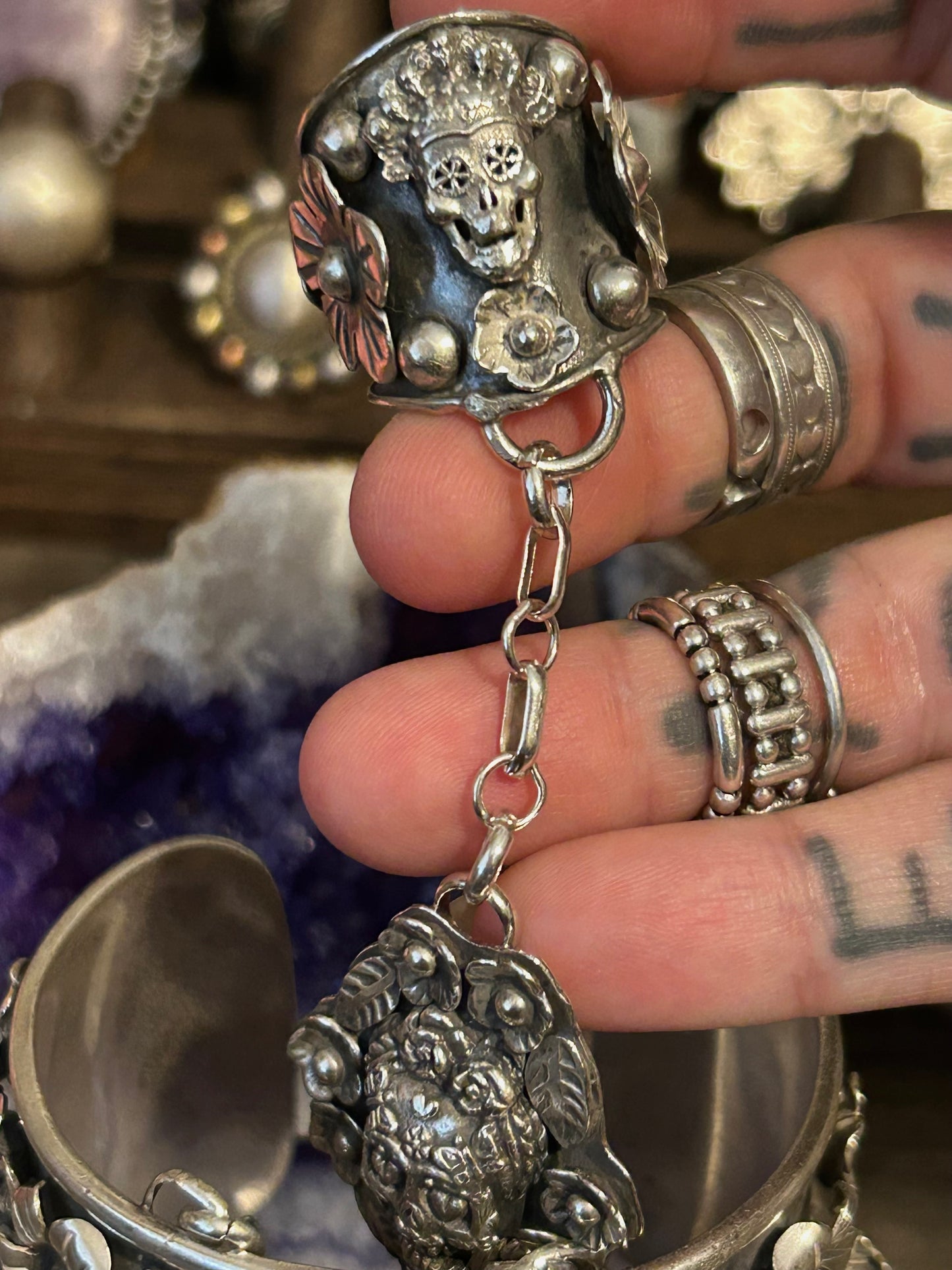 GuzFurbished x Taxco Sterling Silver Day of the Dead Hand-harness Bracelet Set