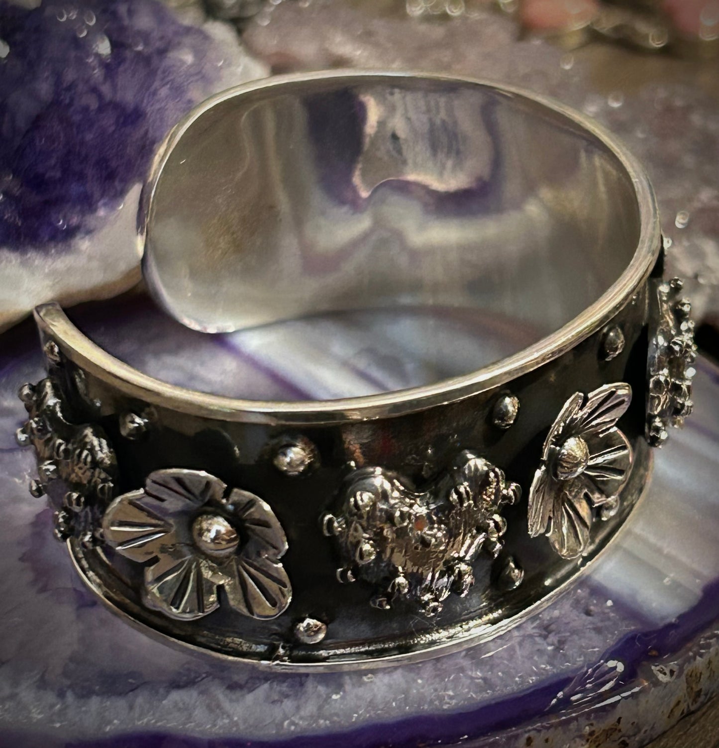 Sterling Silver Taxco Heart And Flower Handmade Cuff Bracelet