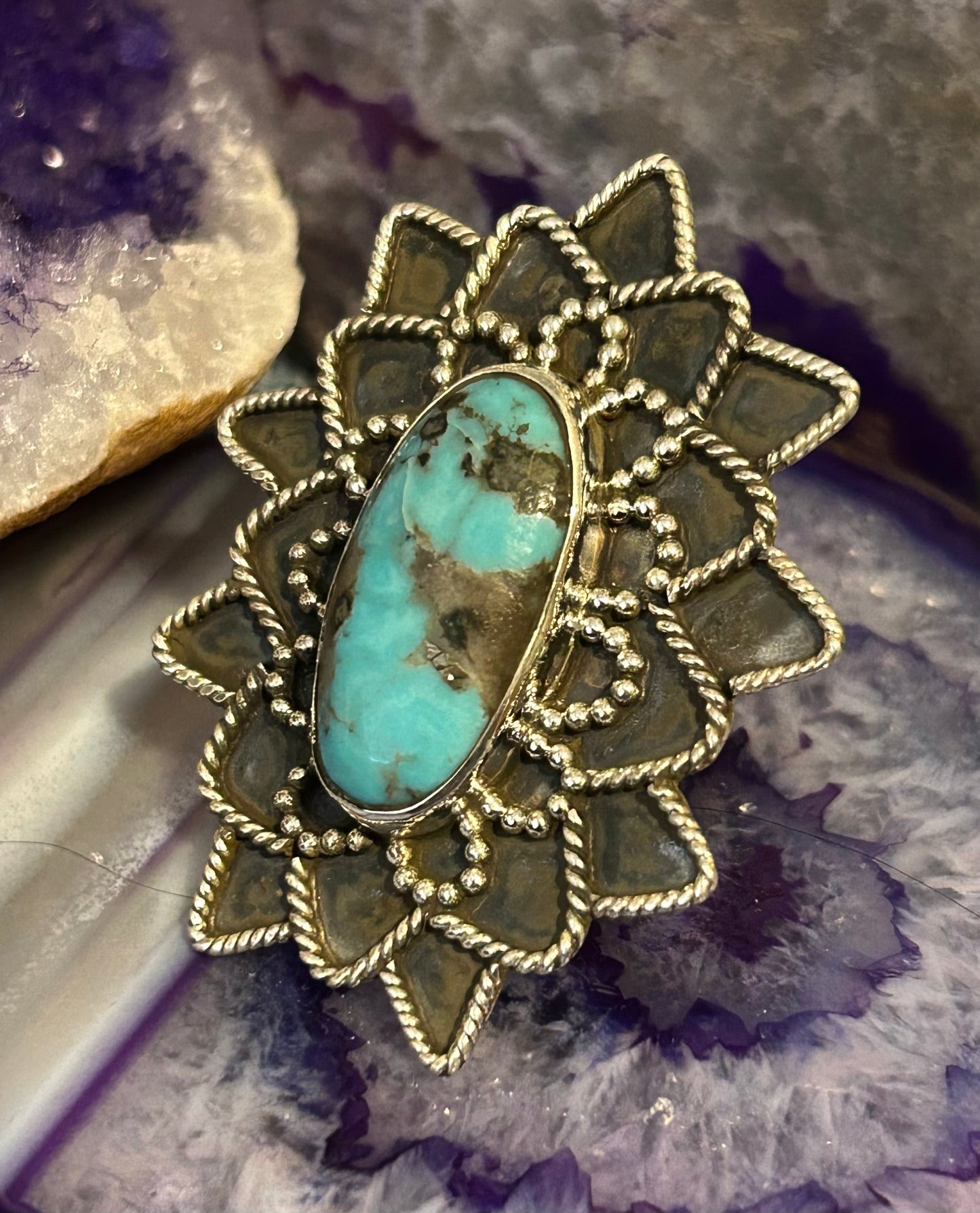 Sterling Silver & Large Natural Turquoise Ring • Size 9