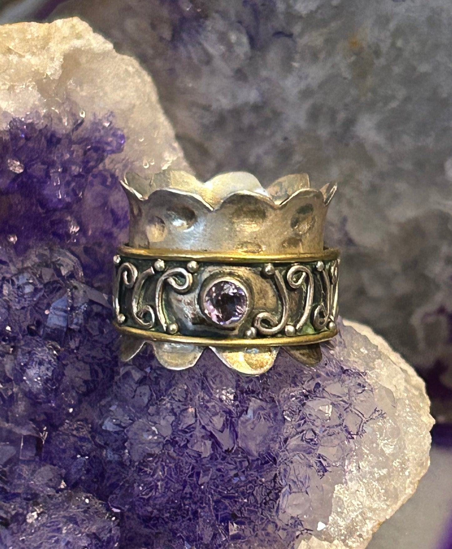 Vintage Sterling Silver Spinner Ring With Amethyst Size 6.5