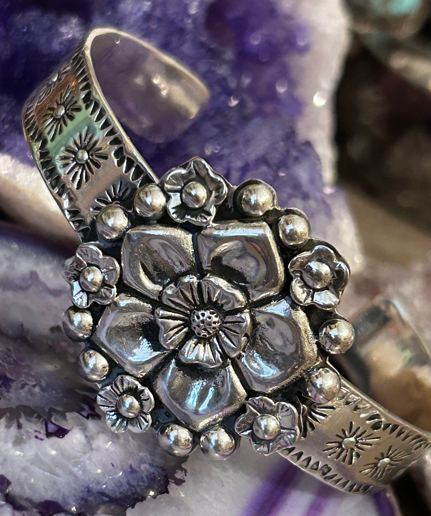 Sterling Silver Taxco Mexico Flower & Stamped Cuff Bracelet