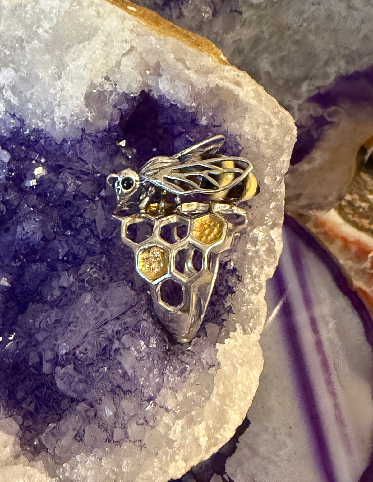 Sterling Silver & Genuine Amber Medium 3D Bee Adjustable Ring