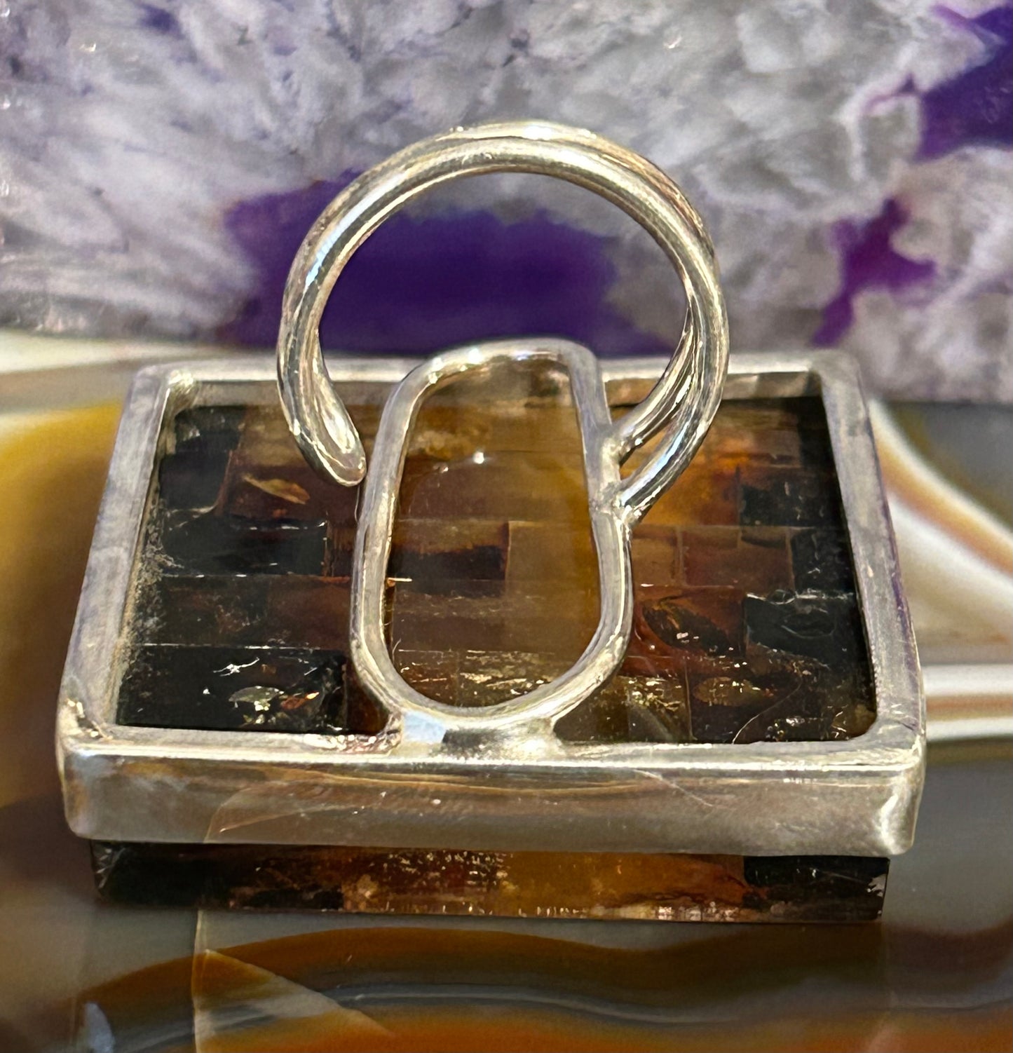 Sterling Silver & Genuine Amber Square Statement Ring • Adjustable