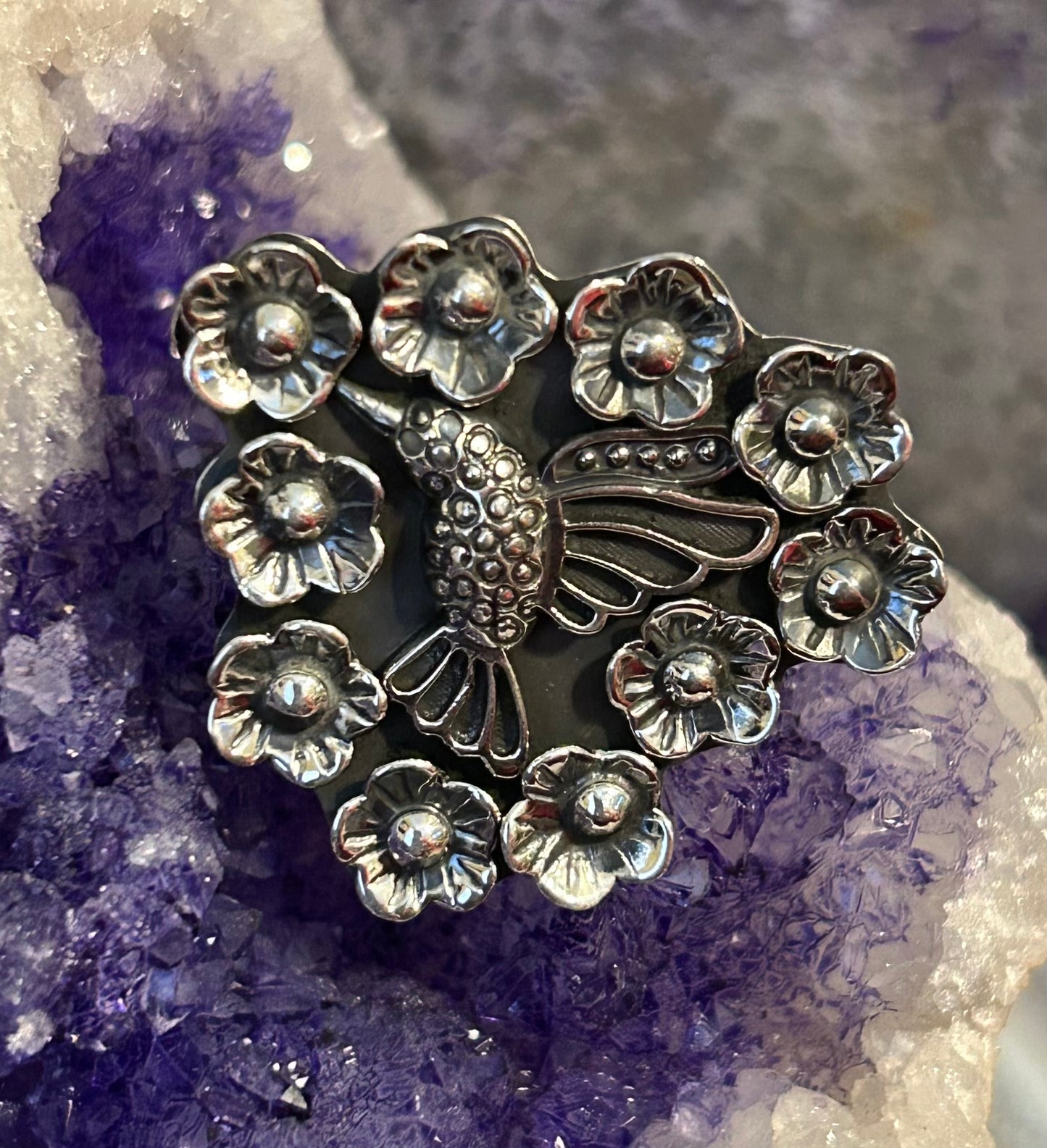 Taxco Mexico 950 Silver Hummingbird And Flowers Adjustable Ring